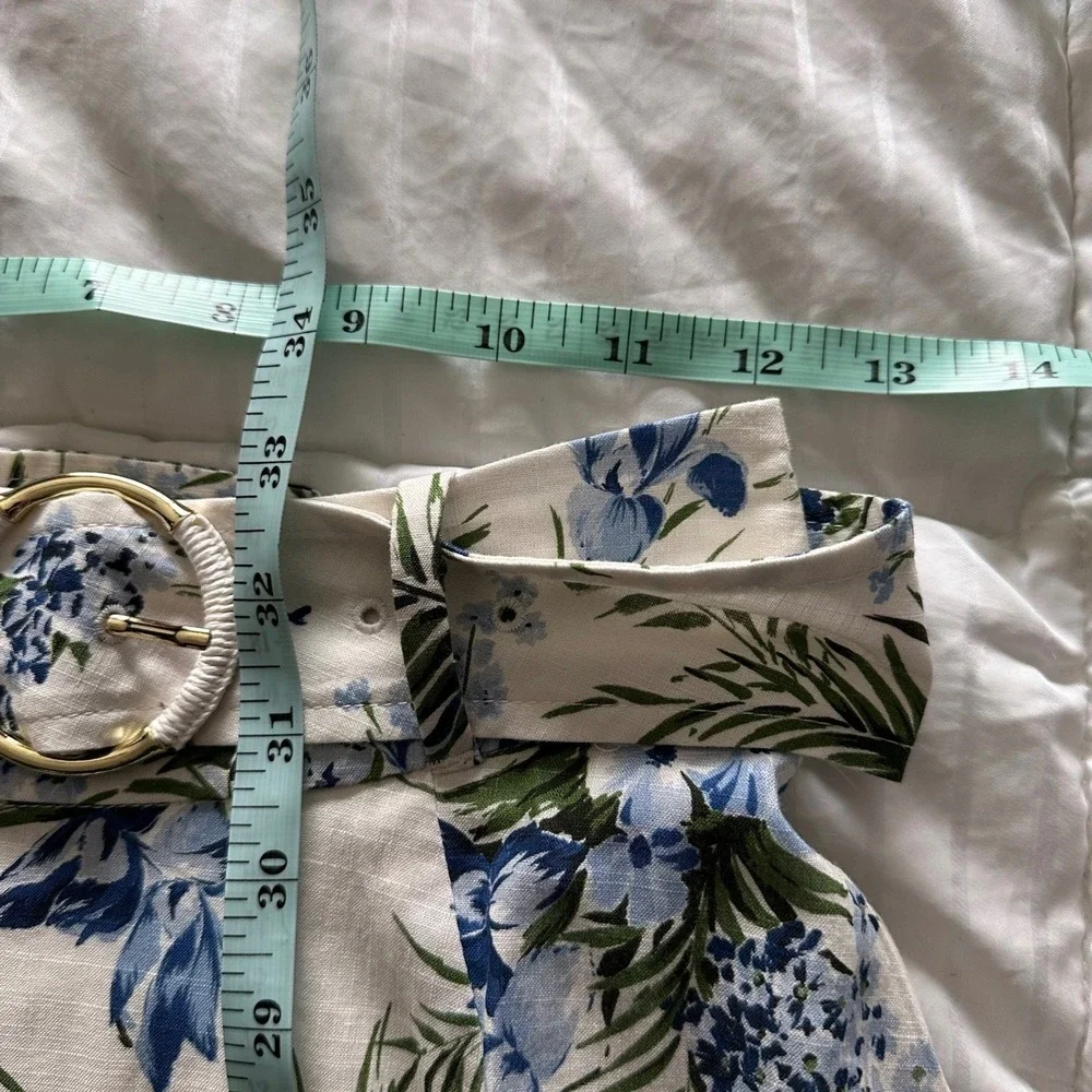 Veronica Beard Hibiscus Floral Belted Midi Skirt - 100% Cotton A-Line Blue White